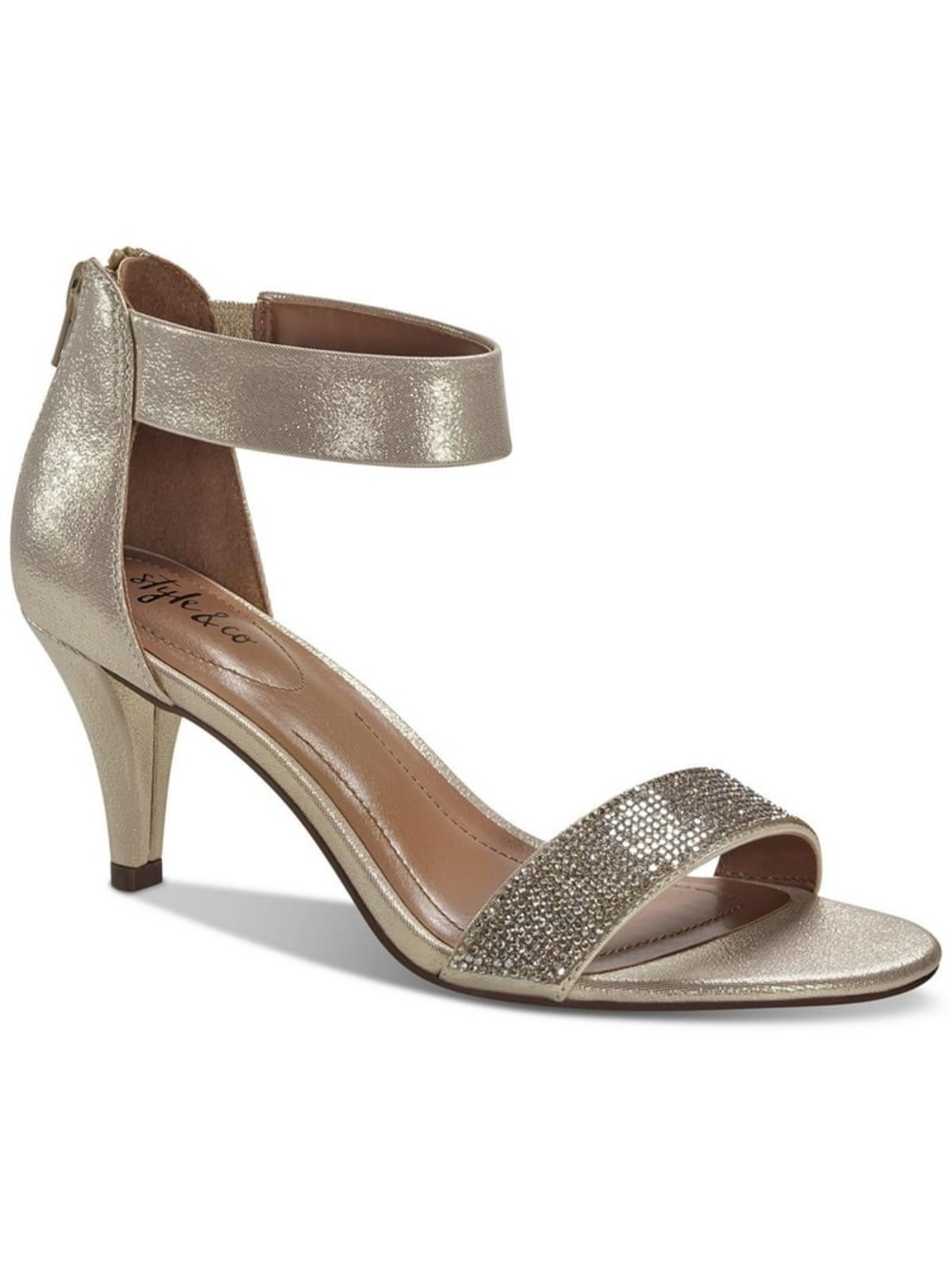 Style & Co Phillyis Gold Metallic Rhinestone Ankle Strap Sandals Heeled NIB 9.5M
